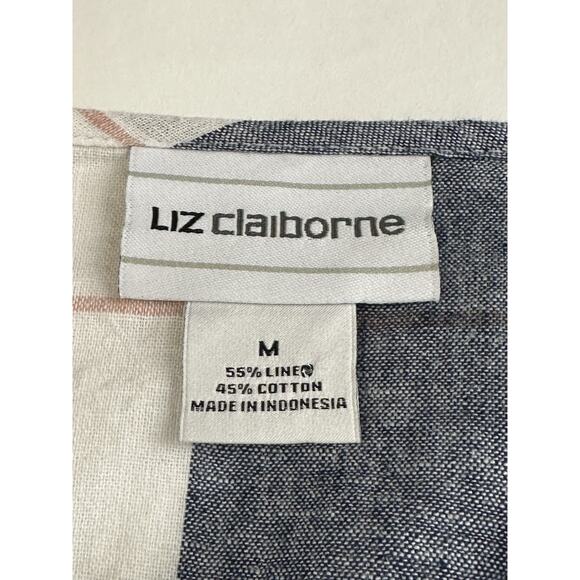 Liz Claiborne 3/4 Sleeve Tunic Blouse Top M Linen Cotton Blend Blue White Plaid - Picture 11 of 15